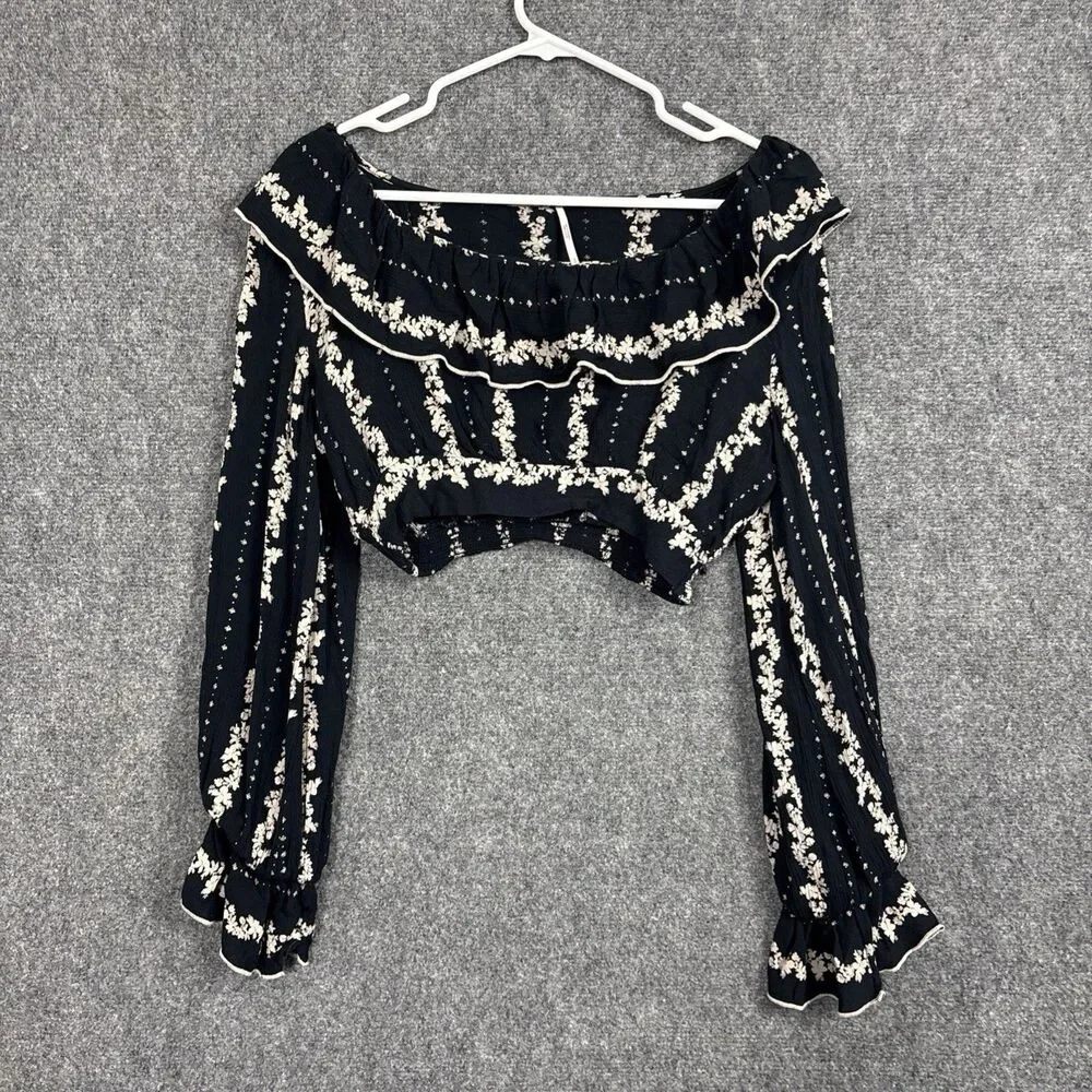 Free People Lolita Top Blouse Womens S Black Floral Crop Boho
